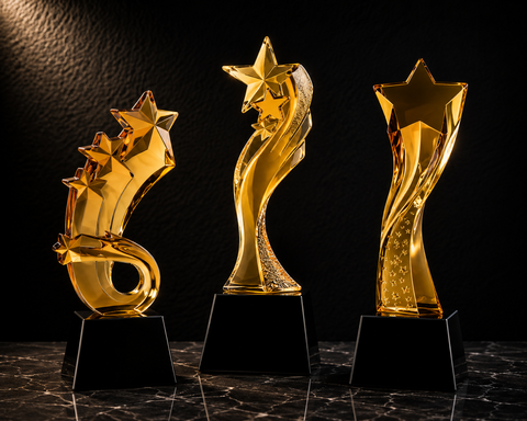 Triple Gold Sculpted Crystal Trophy - custom crystal awards with your logo